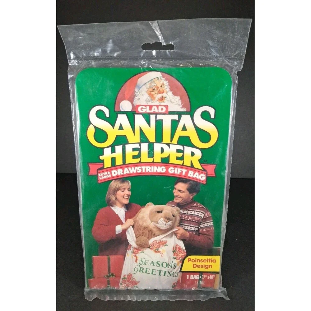 Vintage Glad Santas Helper Extea Large Drawstring Gift Bag Poinsettia 32x40 New